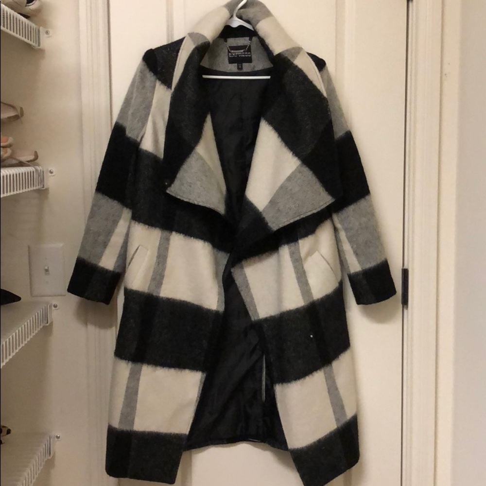 Express XS black & white plaid drape blanket coat